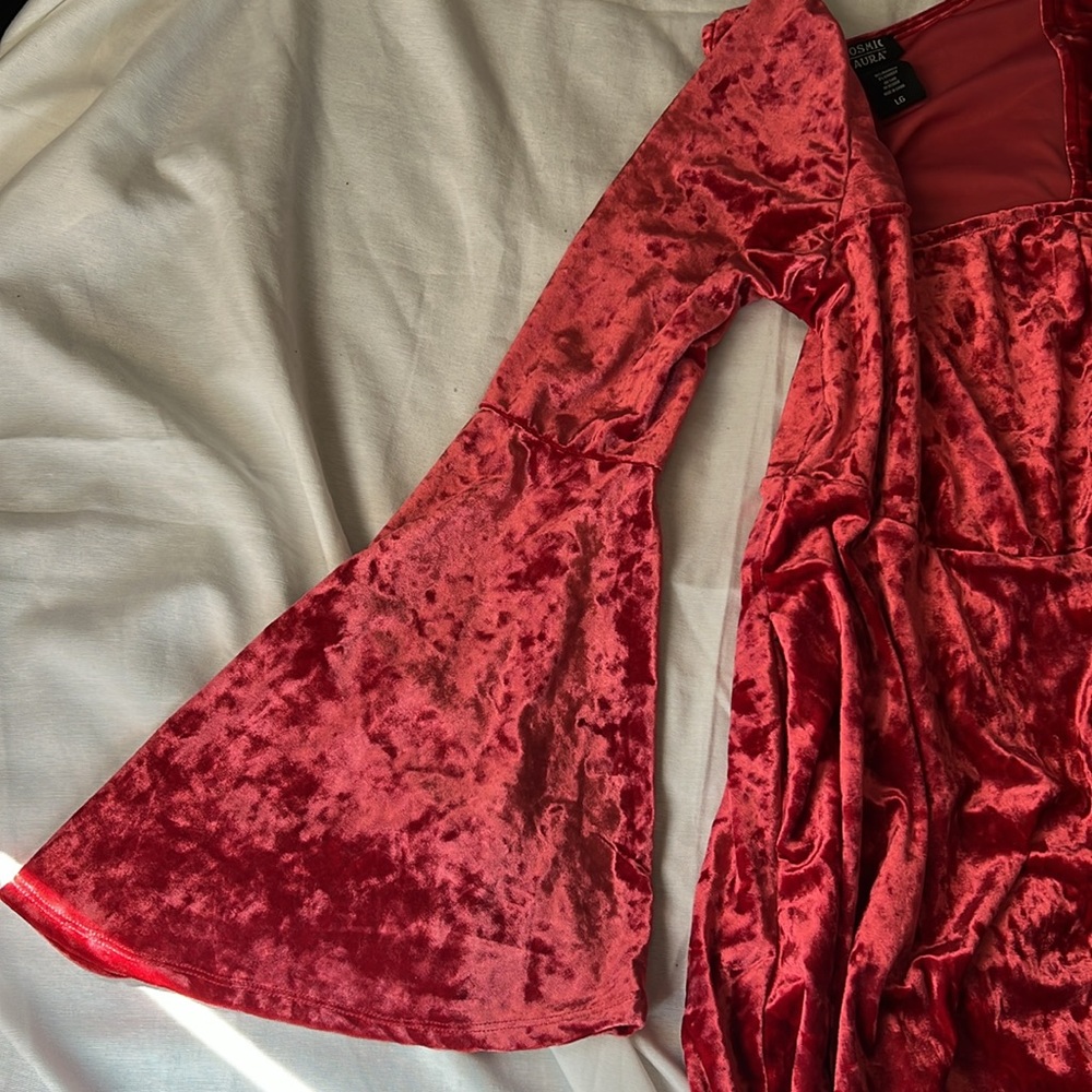 Red Crushed Velvet Bell-Sleeve Mini Dress - Picture 3 of 7